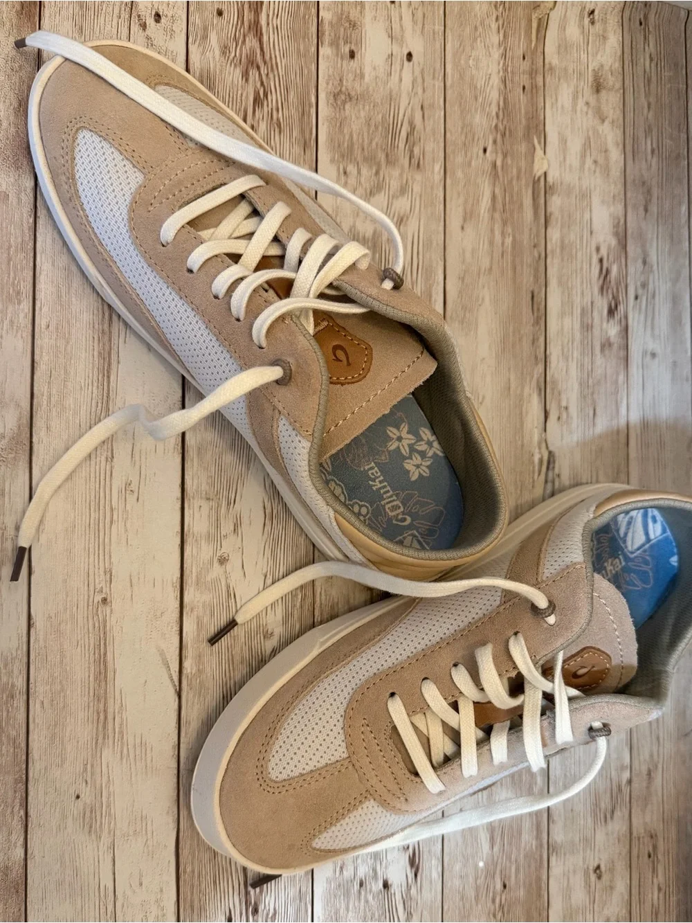 OluKai Beige and White Women's Lace-Up Sneakers